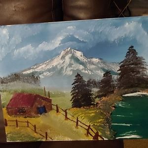 Mountain next to a cabin orginal painting
